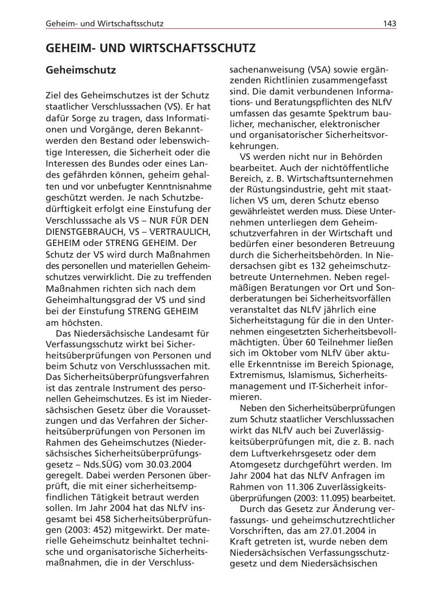 Seite 143 des Verfassungsschutzbericht 2004 Niedersachsen