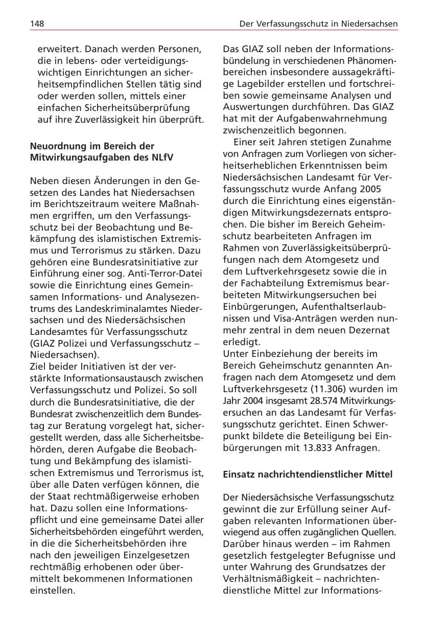 Seite 148 des Verfassungsschutzbericht 2004 Niedersachsen