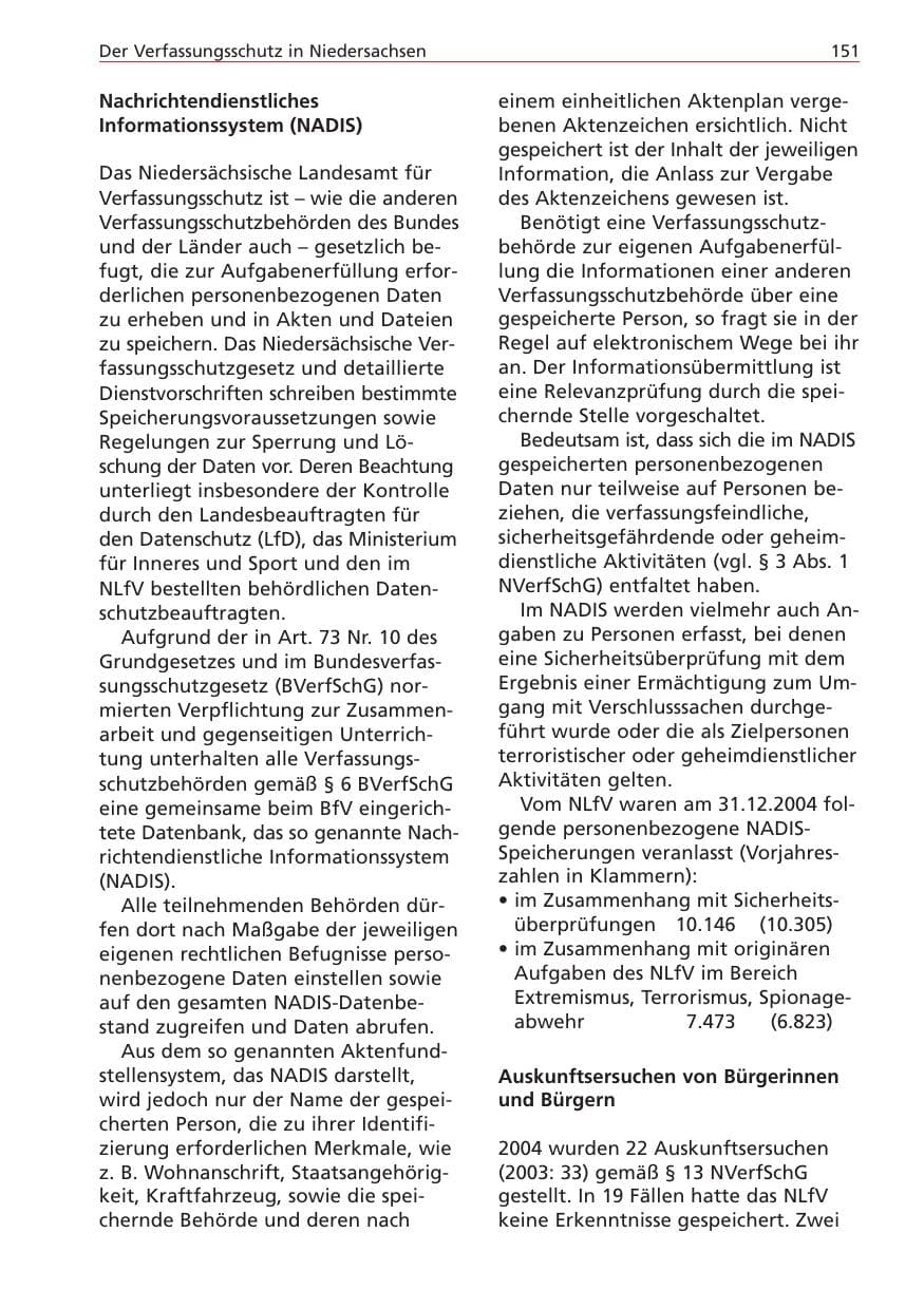 Seite 151 des Verfassungsschutzbericht 2004 Niedersachsen