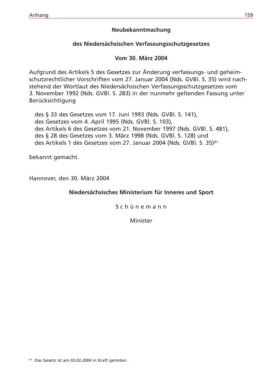 Seite 159 des Verfassungsschutzbericht 2004 Niedersachsen