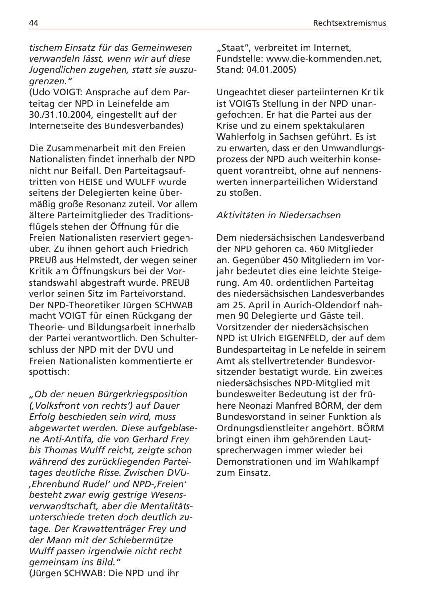 Seite 44 des Verfassungsschutzbericht 2004 Niedersachsen