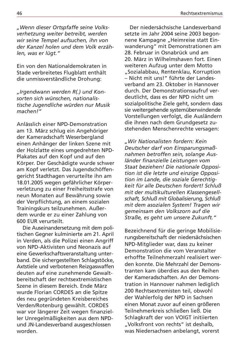 Seite 46 des Verfassungsschutzbericht 2004 Niedersachsen