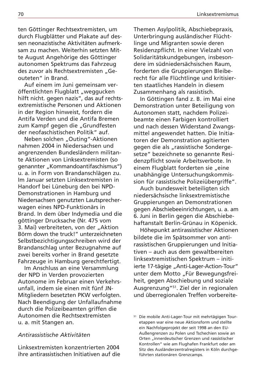 Seite 70 des Verfassungsschutzbericht 2004 Niedersachsen