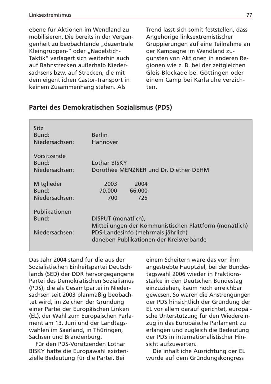 Seite 77 des Verfassungsschutzbericht 2004 Niedersachsen