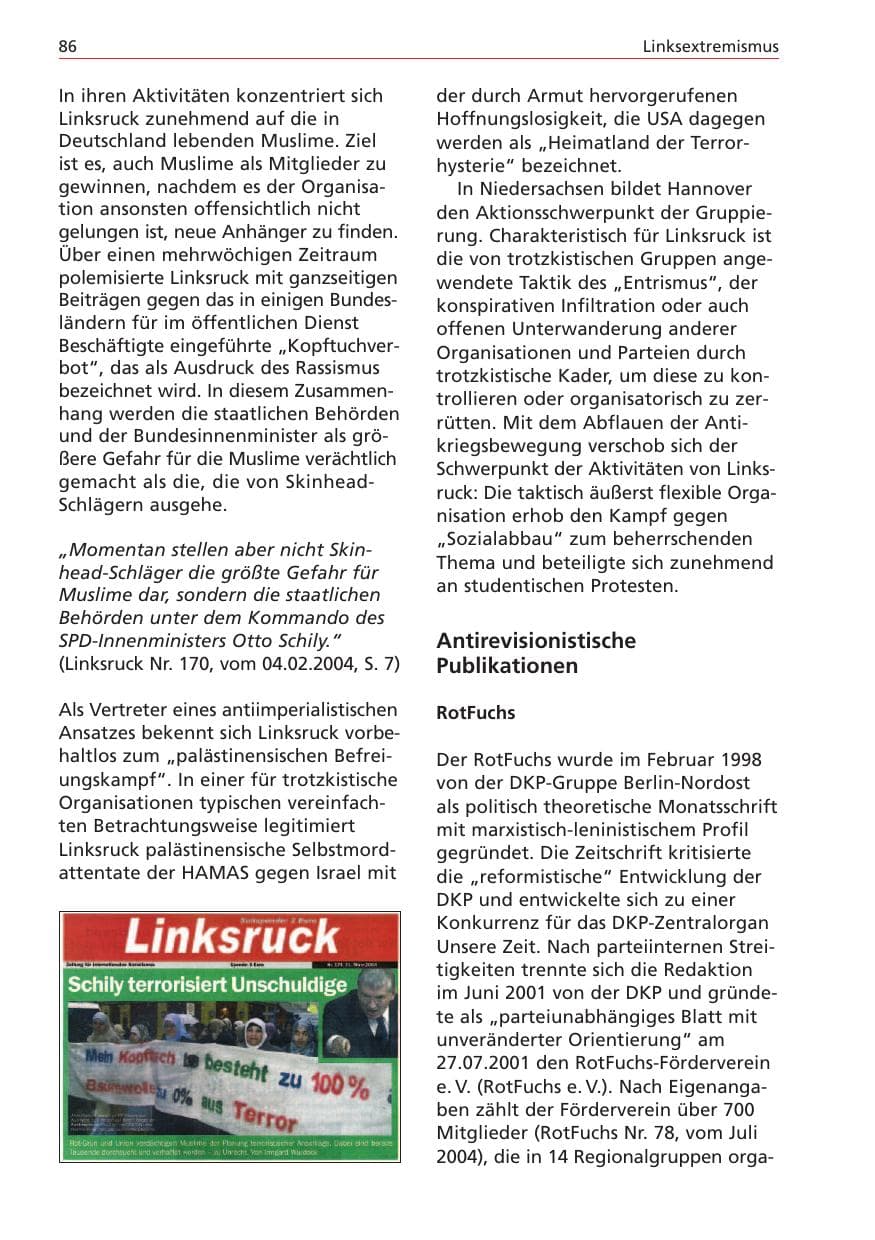 Seite 86 des Verfassungsschutzbericht 2004 Niedersachsen