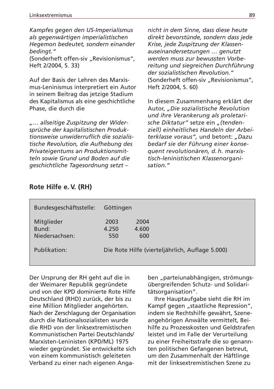Seite 89 des Verfassungsschutzbericht 2004 Niedersachsen