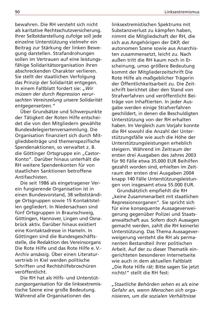 Seite 90 des Verfassungsschutzbericht 2004 Niedersachsen