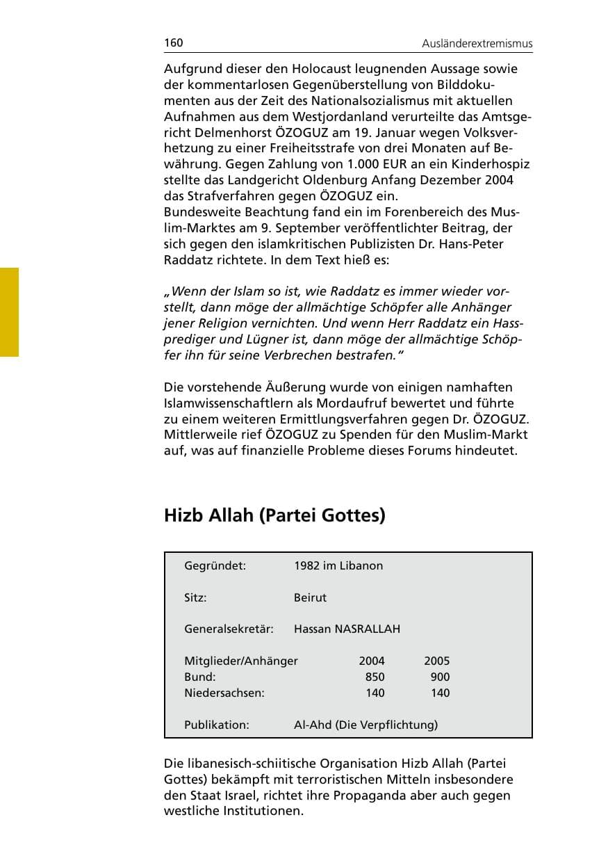 Seite 160 des Verfassungsschutzbericht 2005 Niedersachsen