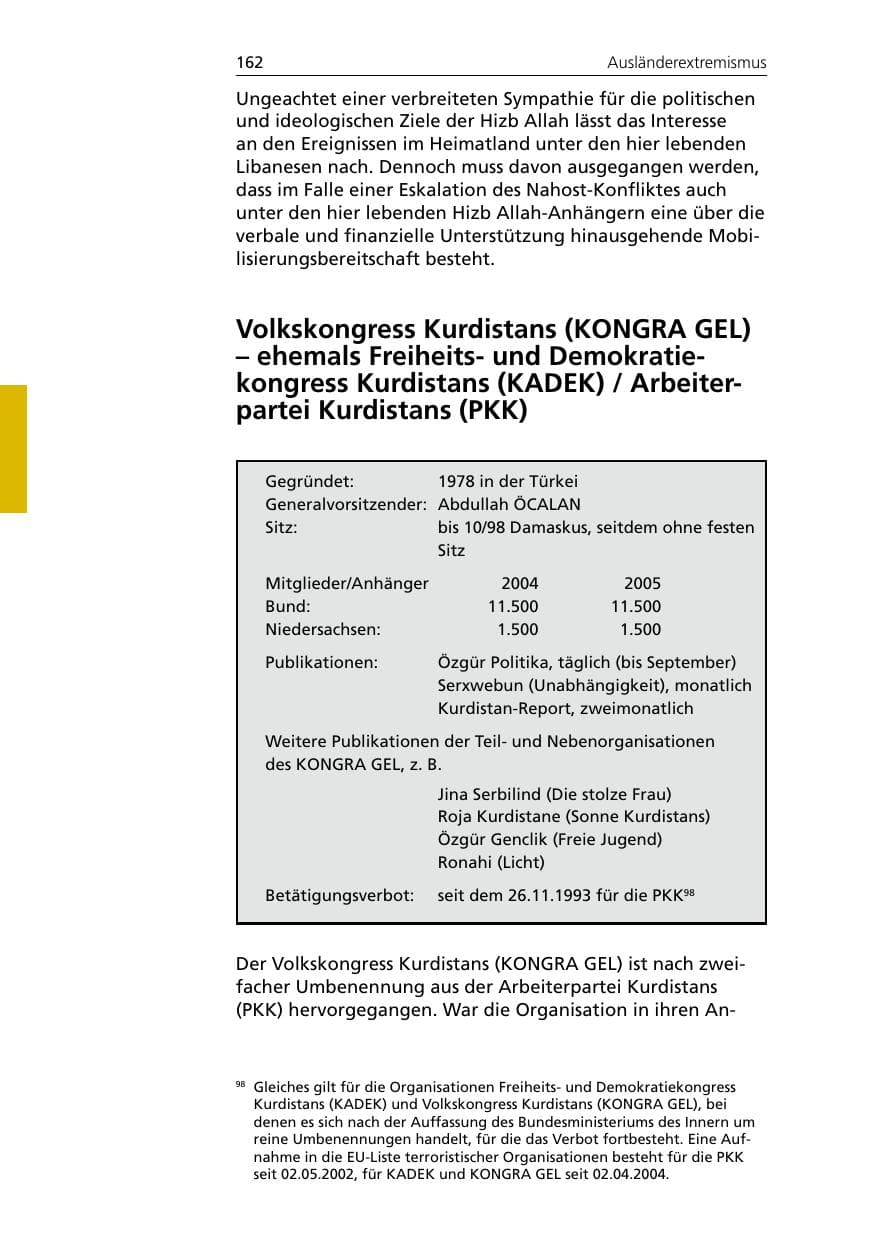 Seite 162 des Verfassungsschutzbericht 2005 Niedersachsen