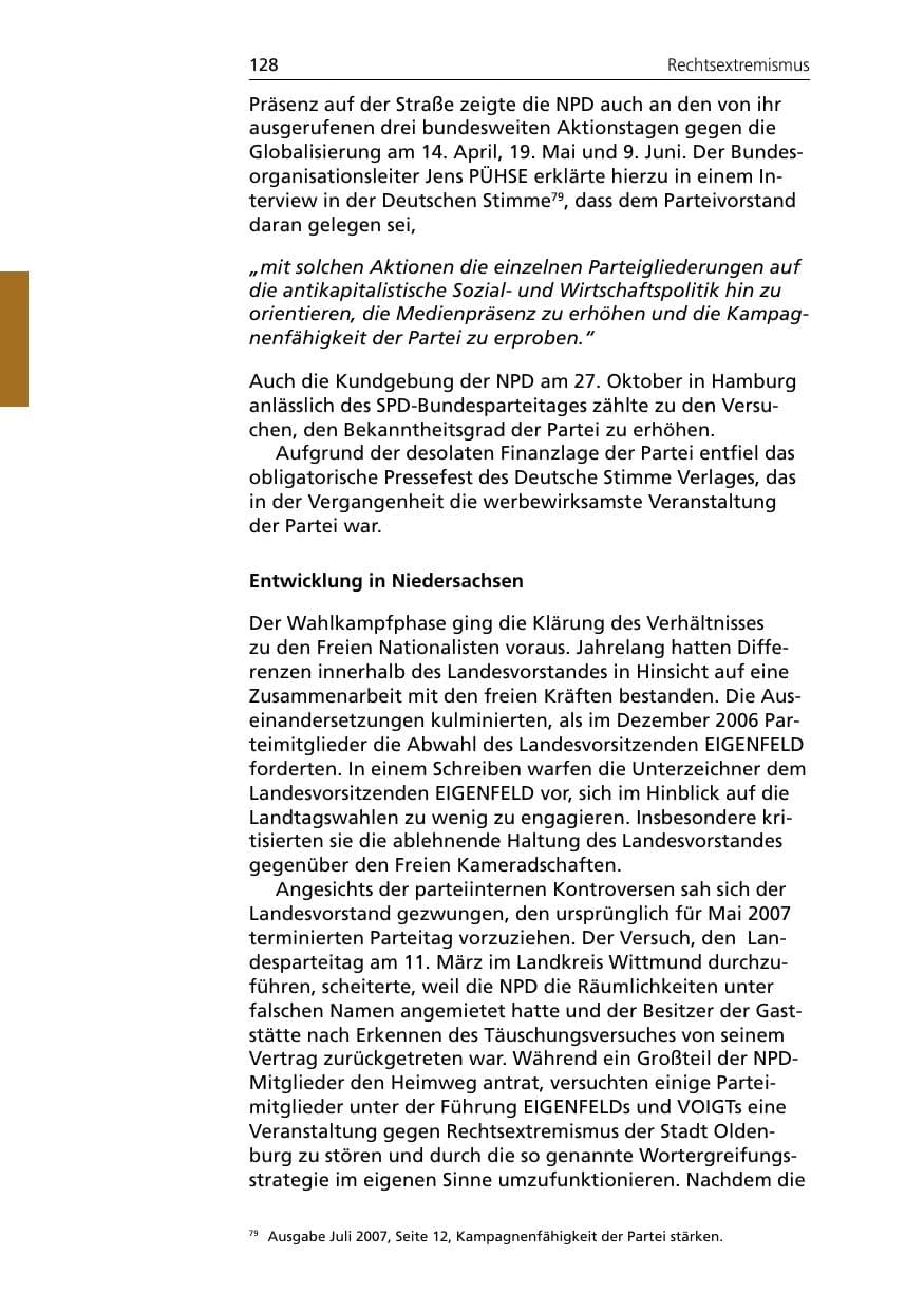 Seite 130 des Verfassungsschutzbericht 2007 Niedersachsen