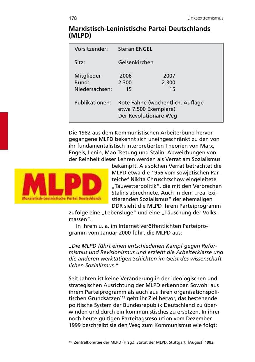 Seite 180 des Verfassungsschutzbericht 2007 Niedersachsen