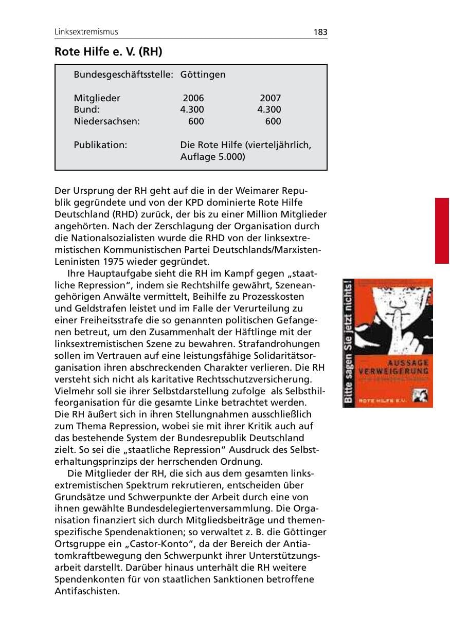 Seite 185 des Verfassungsschutzbericht 2007 Niedersachsen