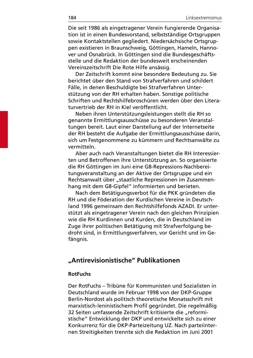 Seite 186 des Verfassungsschutzbericht 2007 Niedersachsen