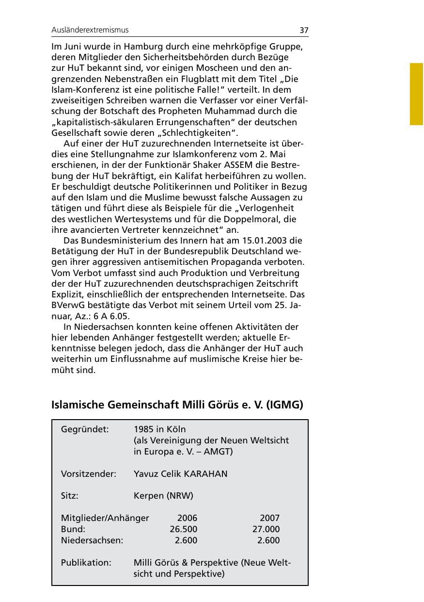 Seite 39 des Verfassungsschutzbericht 2007 Niedersachsen