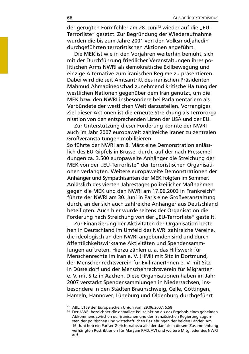 Seite 68 des Verfassungsschutzbericht 2007 Niedersachsen