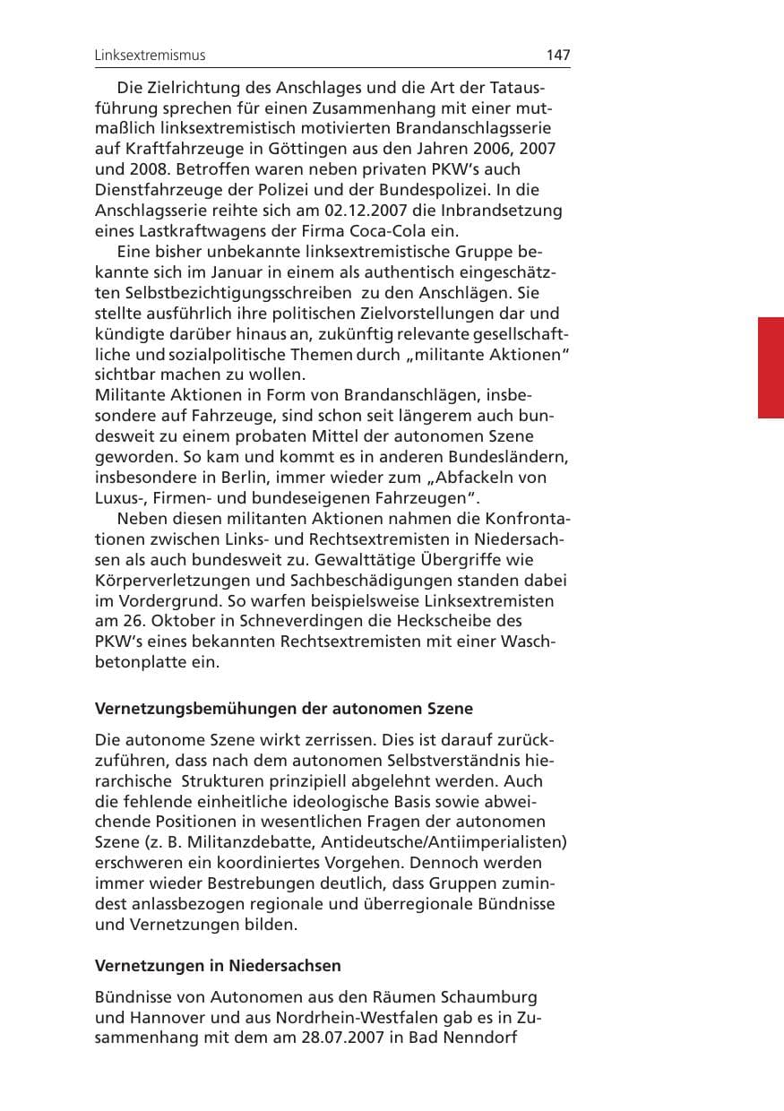 Seite 147 des Verfassungsschutzbericht 2008 Niedersachsen