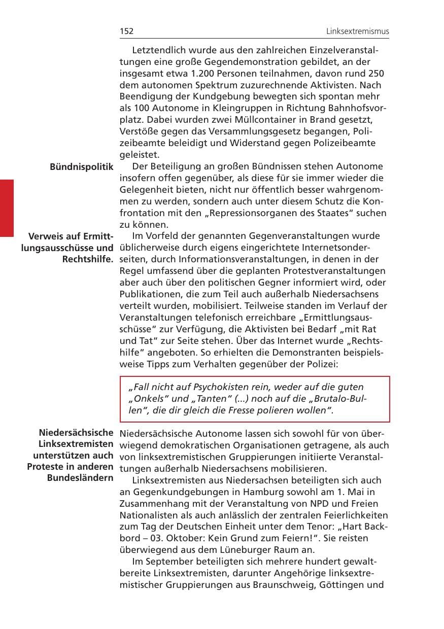 Seite 152 des Verfassungsschutzbericht 2008 Niedersachsen