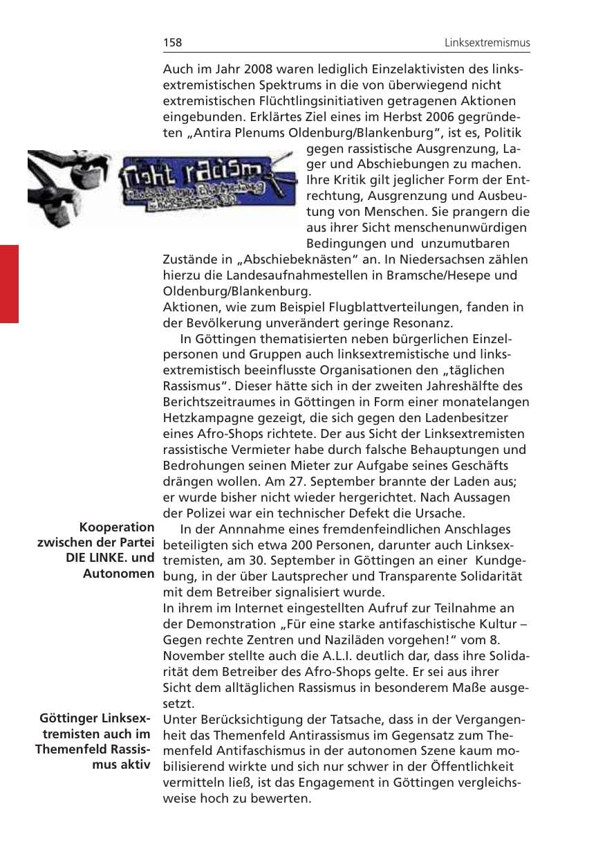 Seite 158 des Verfassungsschutzbericht 2008 Niedersachsen