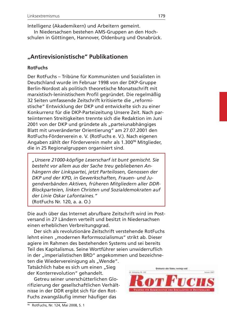 Seite 179 des Verfassungsschutzbericht 2008 Niedersachsen