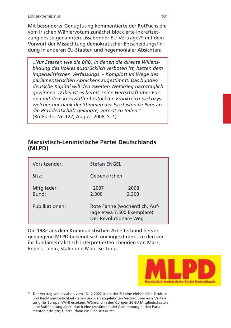 Seite 181 des Verfassungsschutzbericht 2008 Niedersachsen