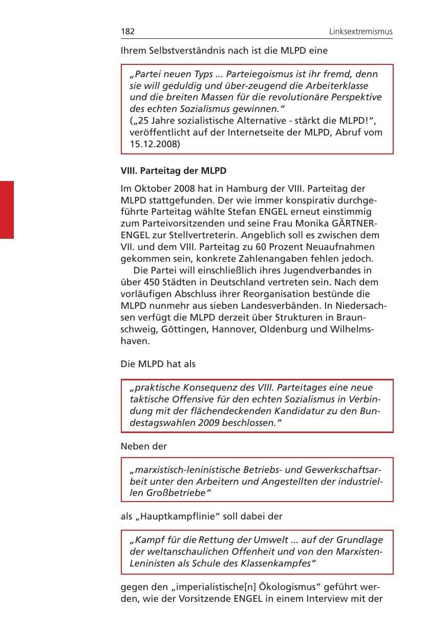 Seite 182 des Verfassungsschutzbericht 2008 Niedersachsen