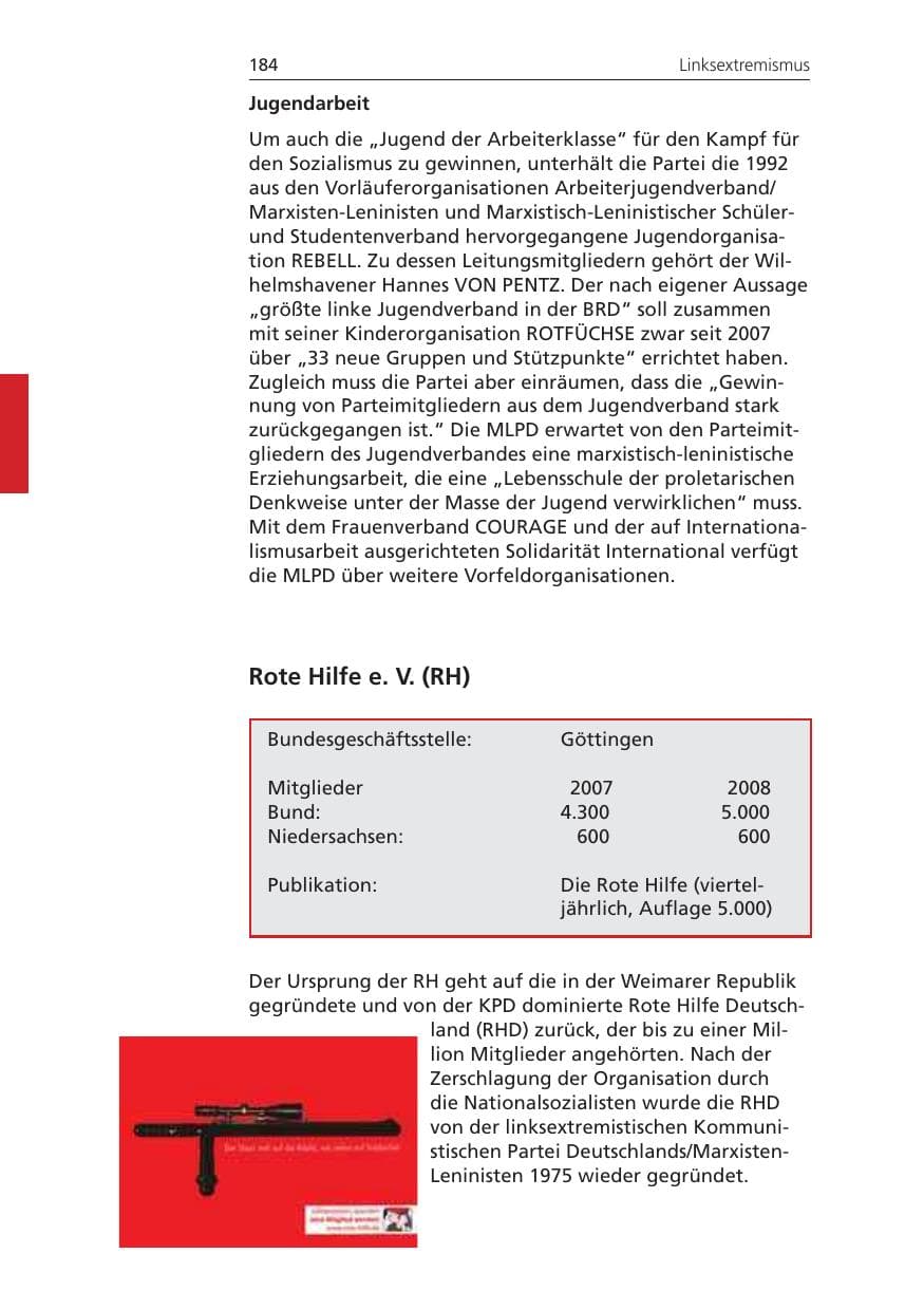 Seite 184 des Verfassungsschutzbericht 2008 Niedersachsen