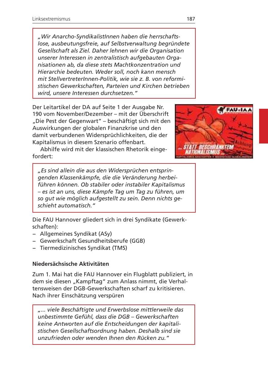 Seite 187 des Verfassungsschutzbericht 2008 Niedersachsen