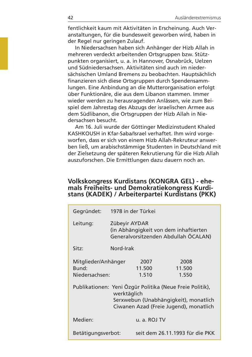 Seite 42 des Verfassungsschutzbericht 2008 Niedersachsen