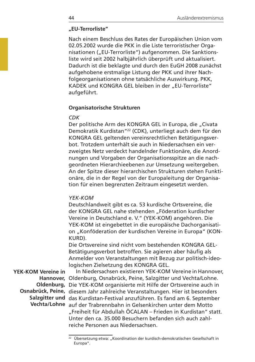 Seite 44 des Verfassungsschutzbericht 2008 Niedersachsen