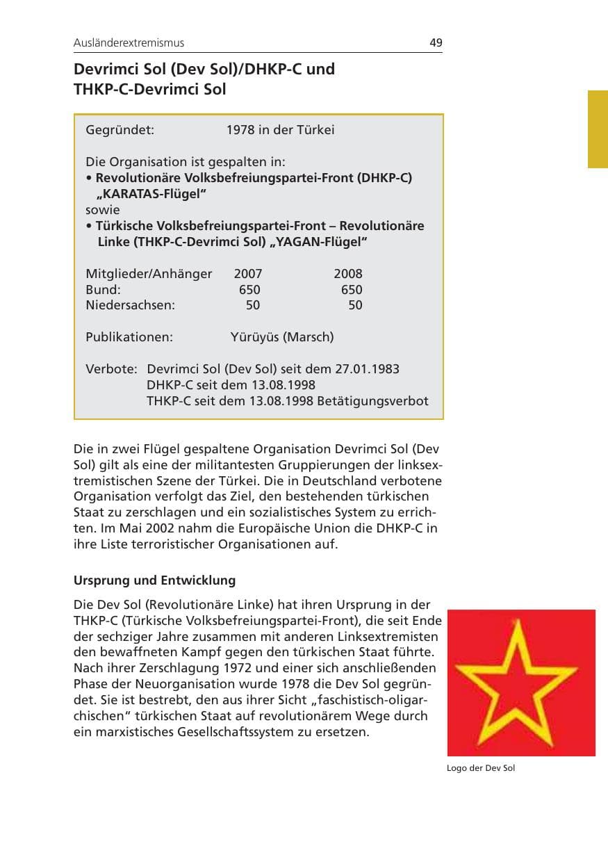 Seite 49 des Verfassungsschutzbericht 2008 Niedersachsen