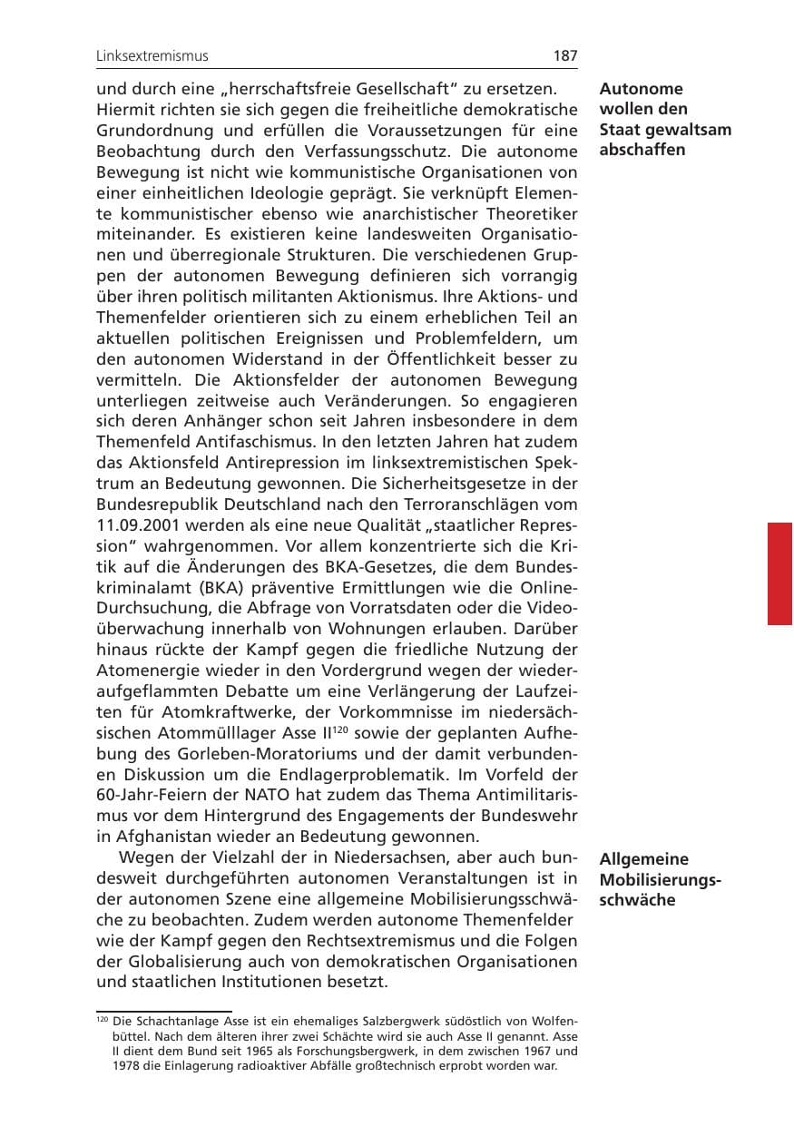 Seite 187 des Verfassungsschutzbericht 2009 Niedersachsen