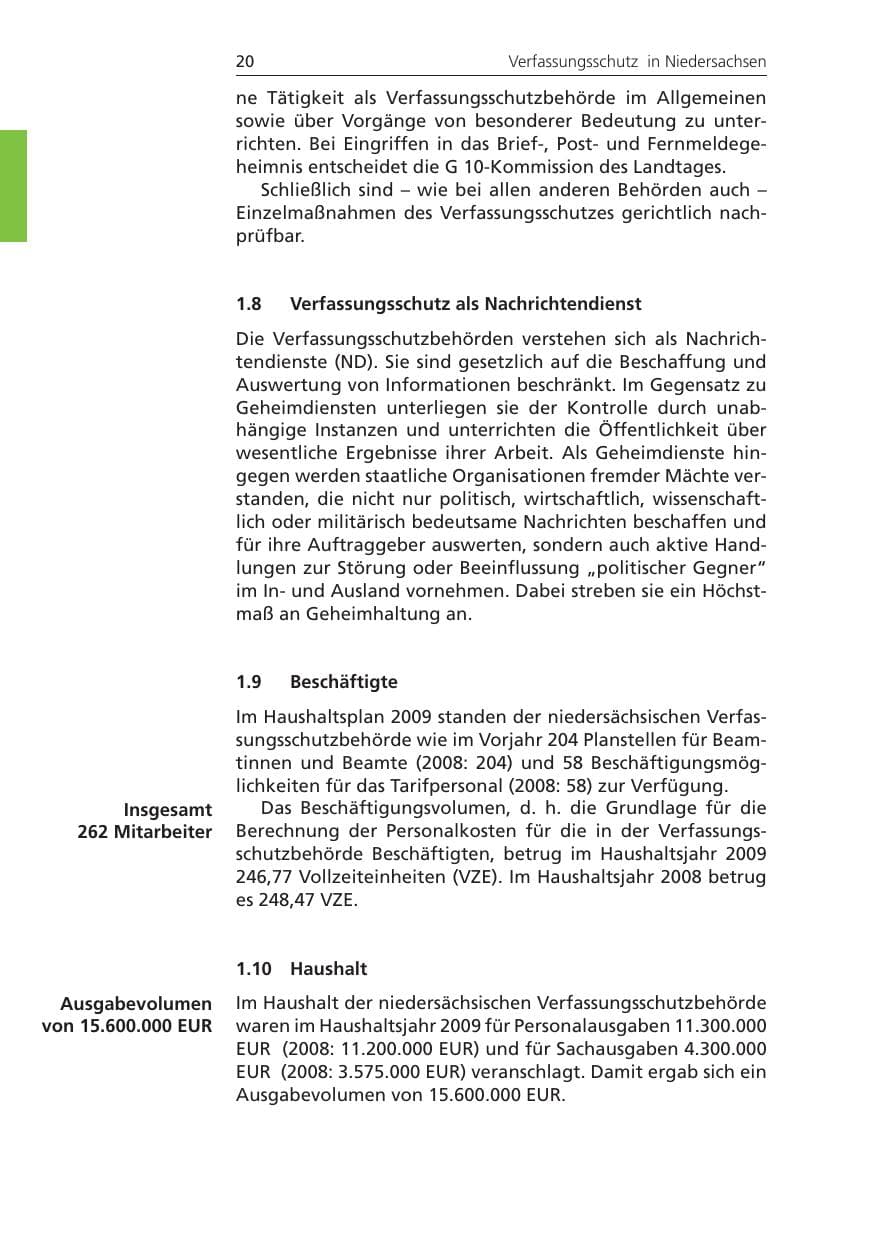 Seite 20 des Verfassungsschutzbericht 2009 Niedersachsen