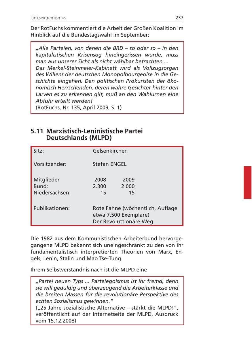 Seite 237 des Verfassungsschutzbericht 2009 Niedersachsen