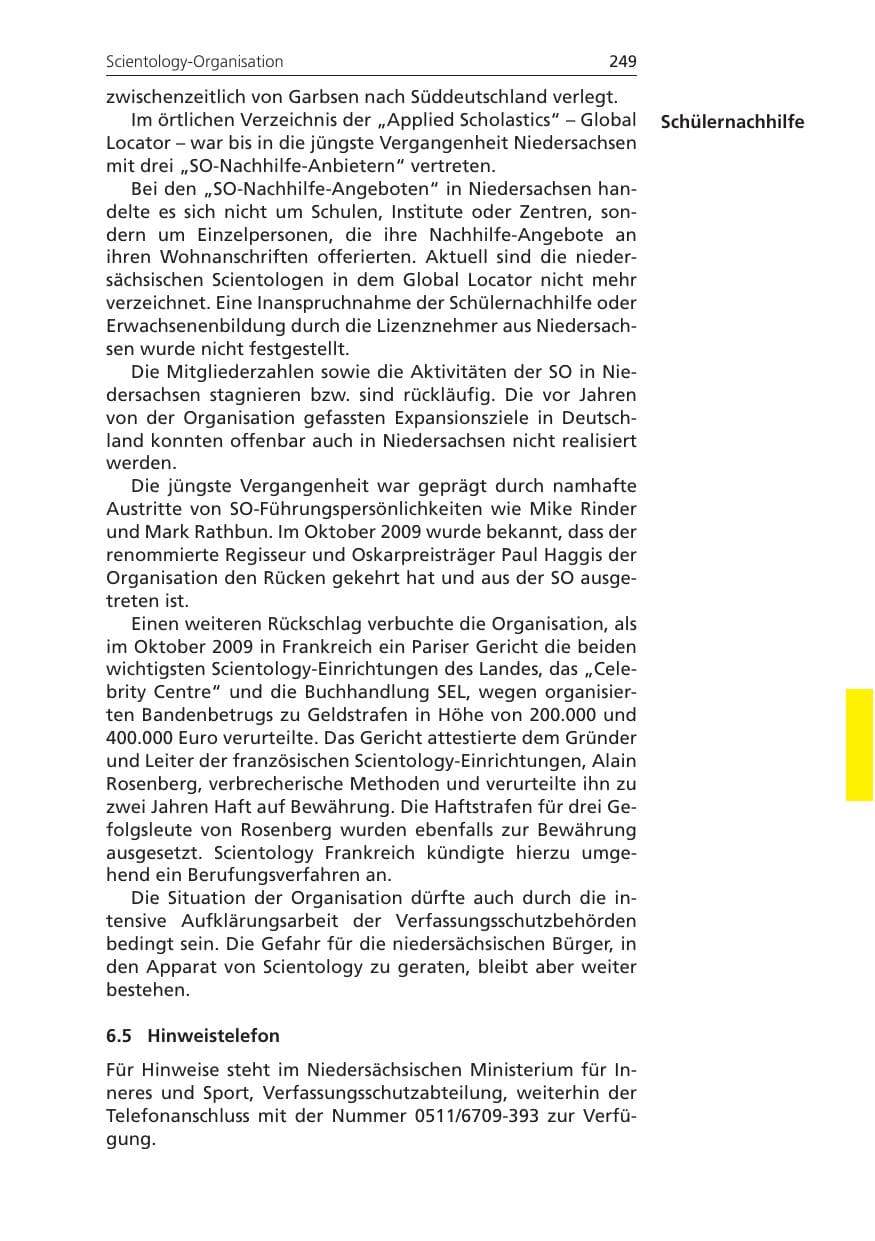Seite 249 des Verfassungsschutzbericht 2009 Niedersachsen