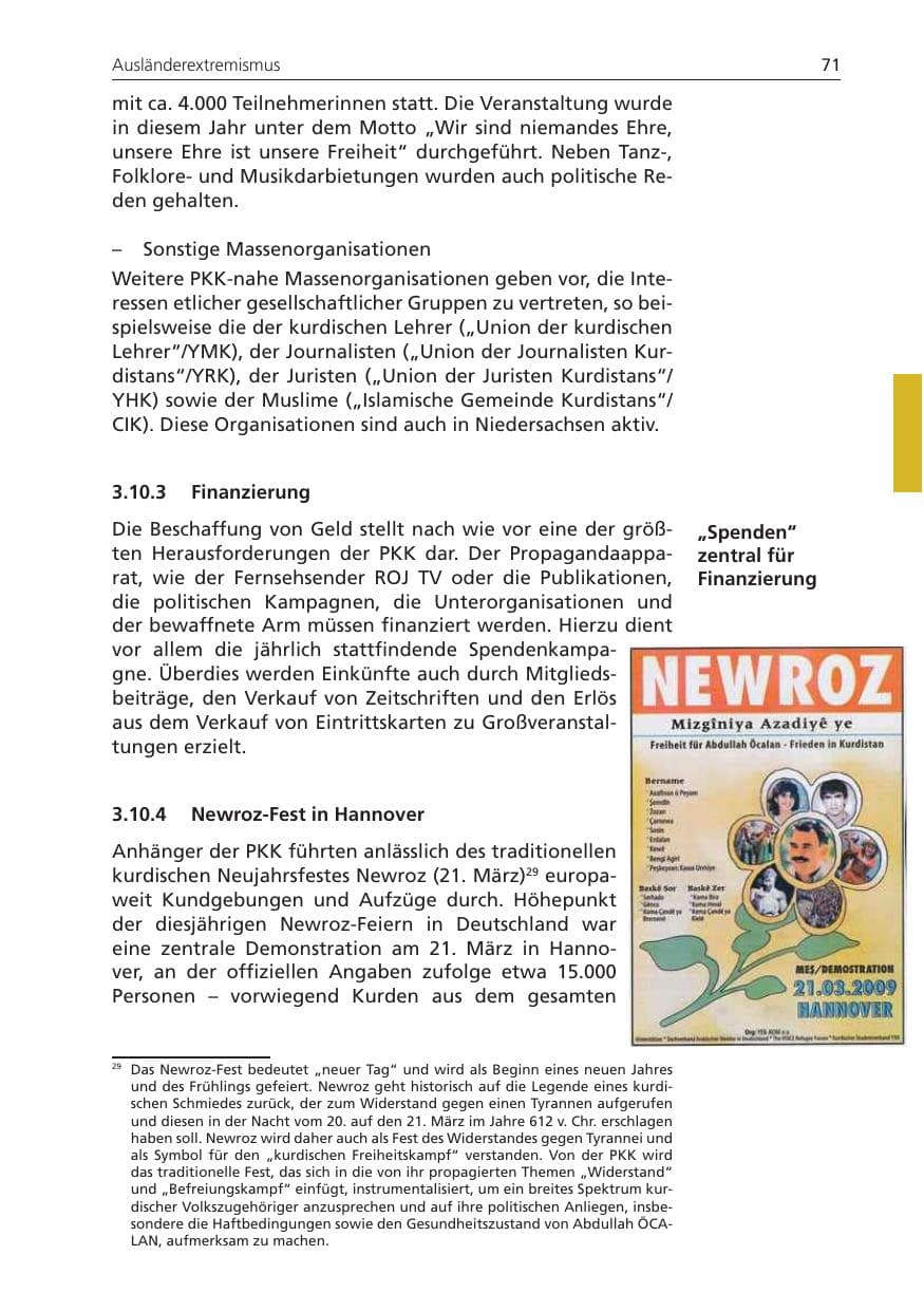 Seite 71 des Verfassungsschutzbericht 2009 Niedersachsen