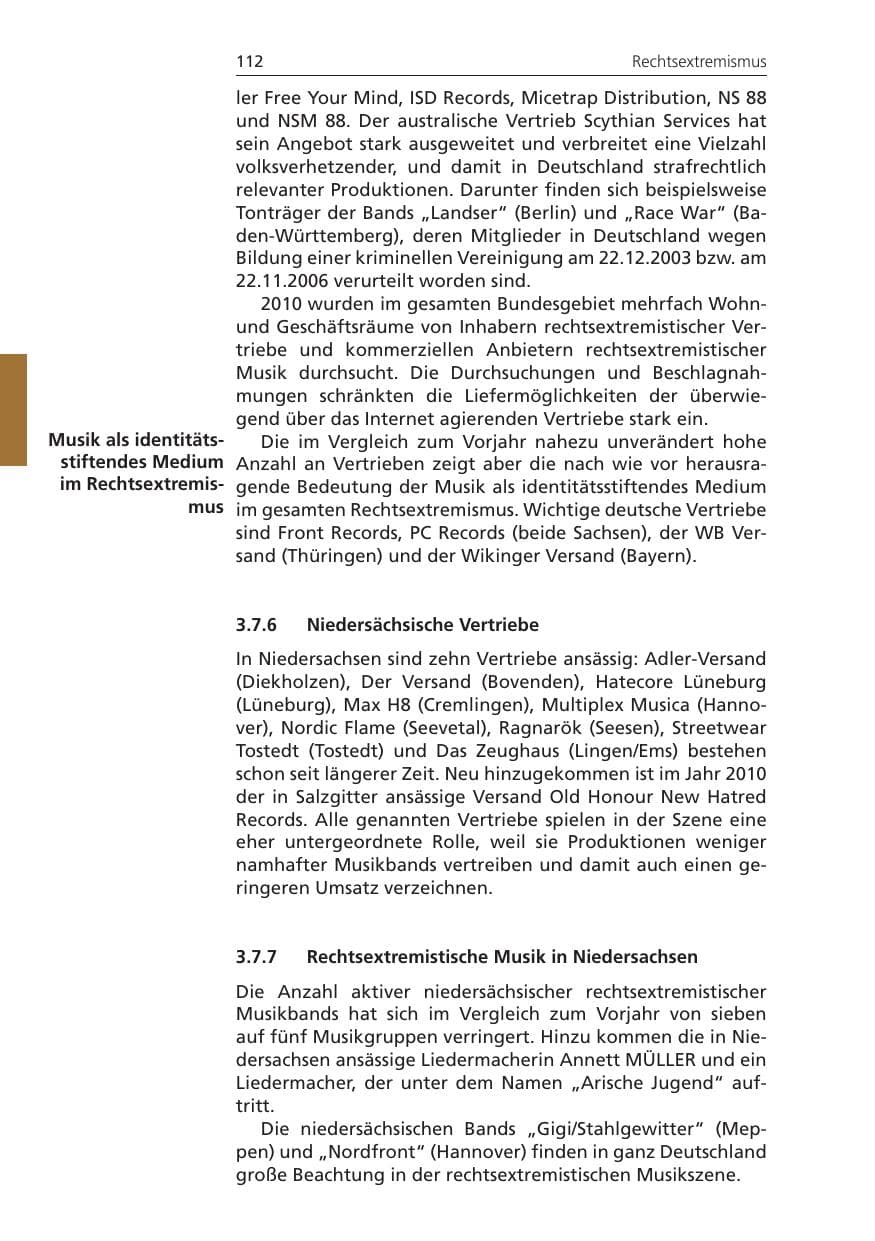 Seite 112 des Verfassungsschutzbericht 2010 Niedersachsen