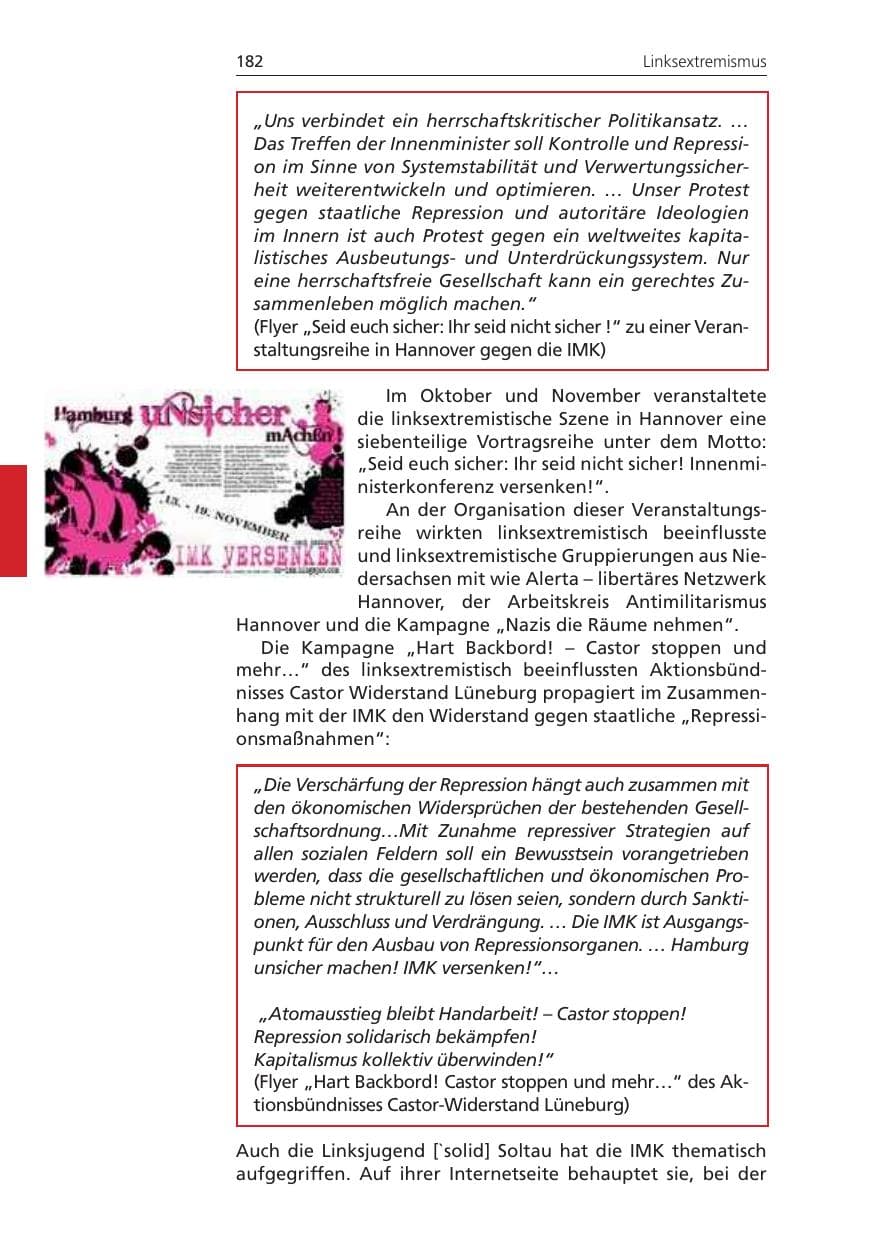 Seite 182 des Verfassungsschutzbericht 2010 Niedersachsen