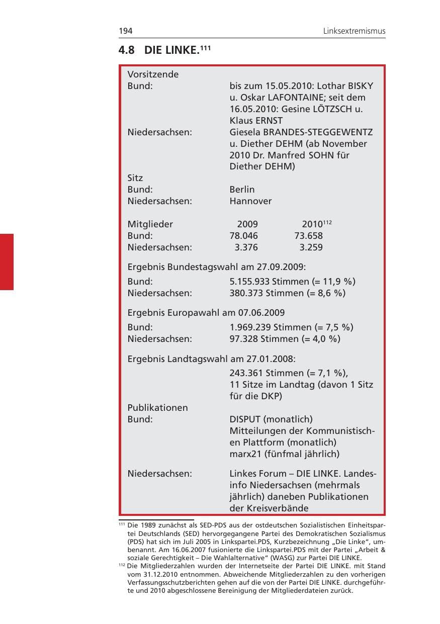 Seite 194 des Verfassungsschutzbericht 2010 Niedersachsen