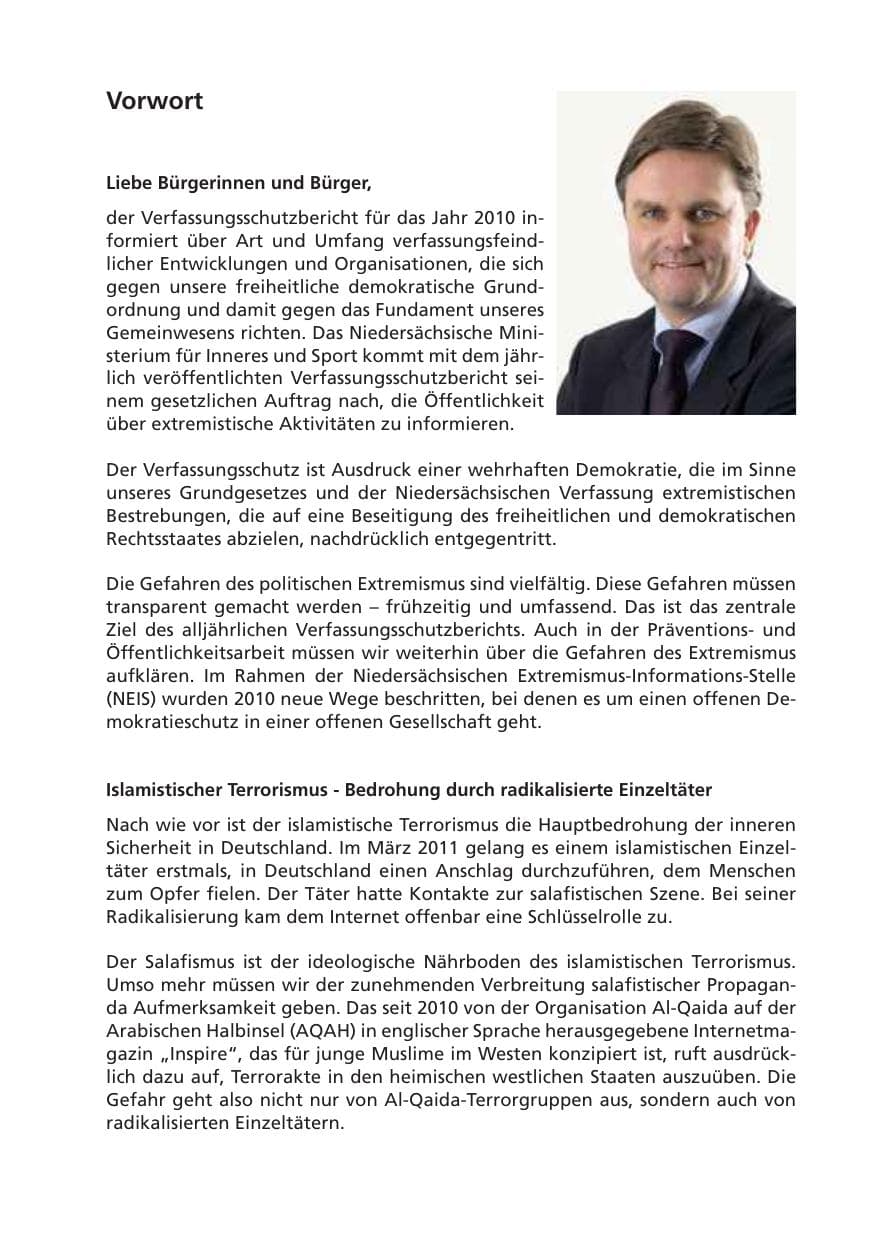Seite 3 des Verfassungsschutzbericht 2010 Niedersachsen