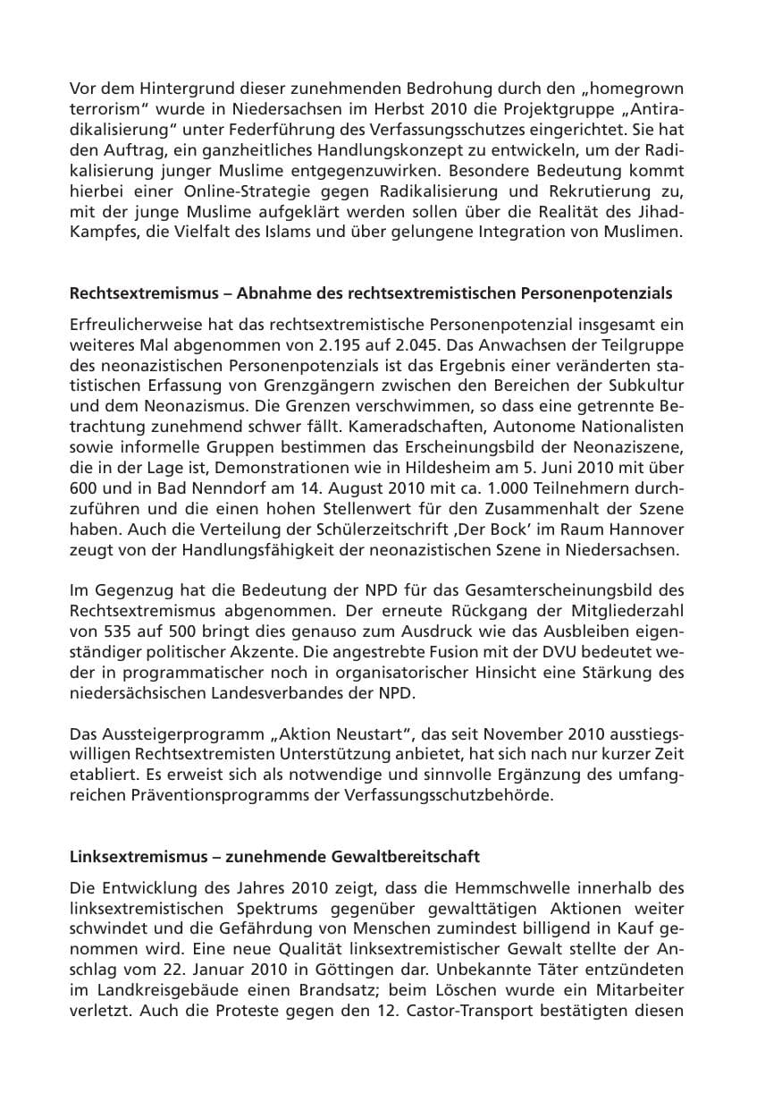 Seite 4 des Verfassungsschutzbericht 2010 Niedersachsen