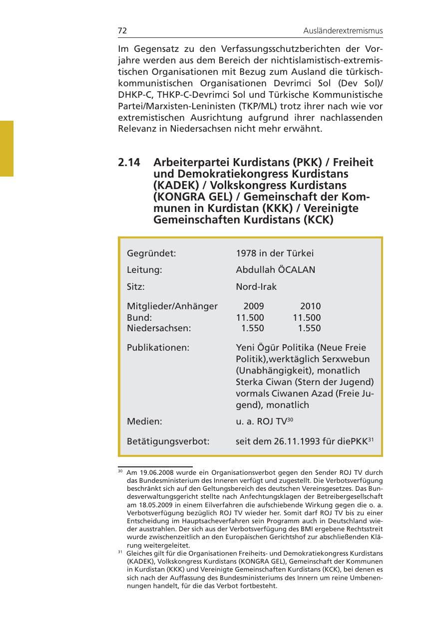 Seite 72 des Verfassungsschutzbericht 2010 Niedersachsen