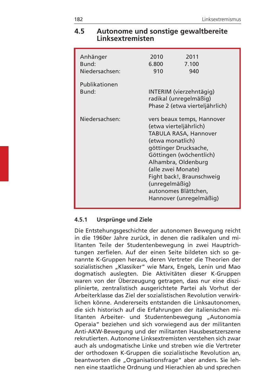 Seite 182 des Verfassungsschutzbericht 2011 Niedersachsen