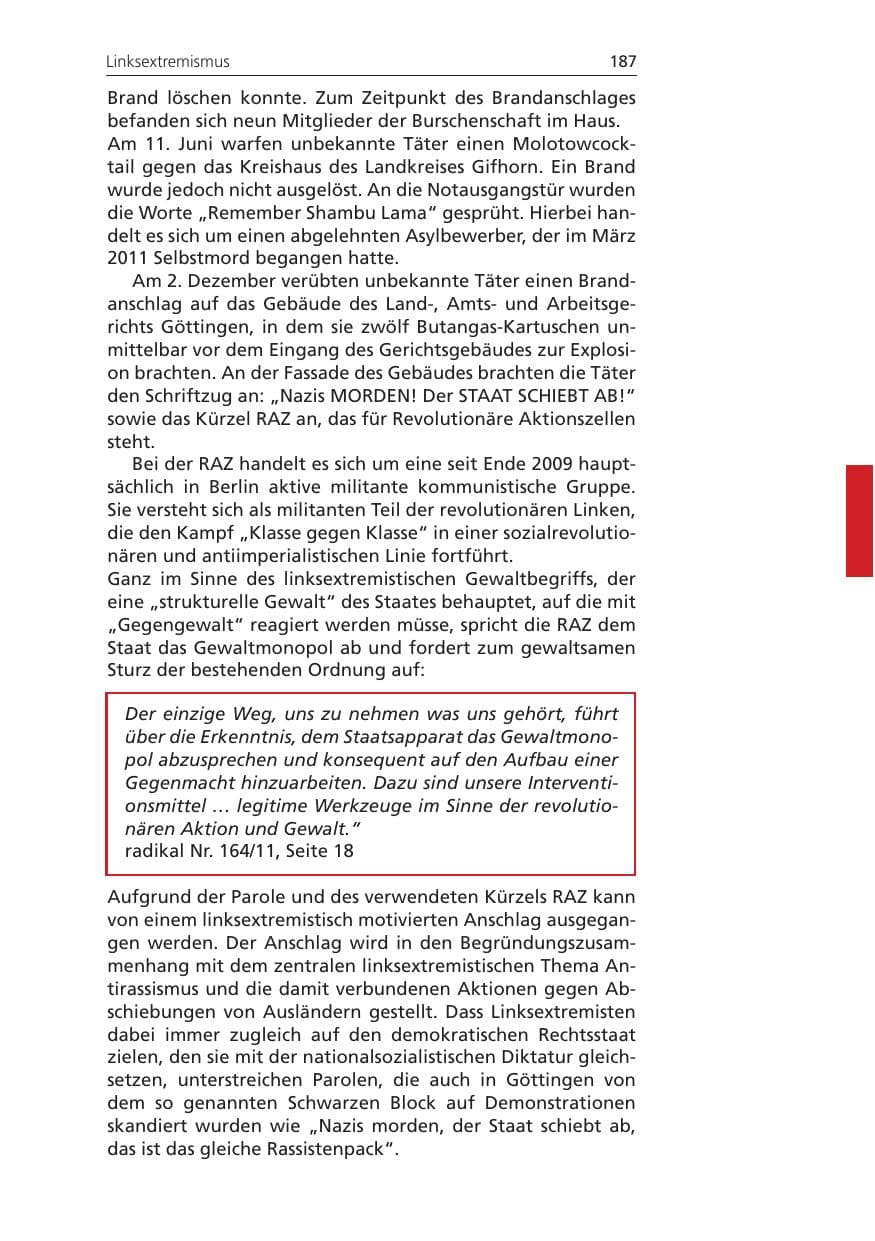 Seite 187 des Verfassungsschutzbericht 2011 Niedersachsen