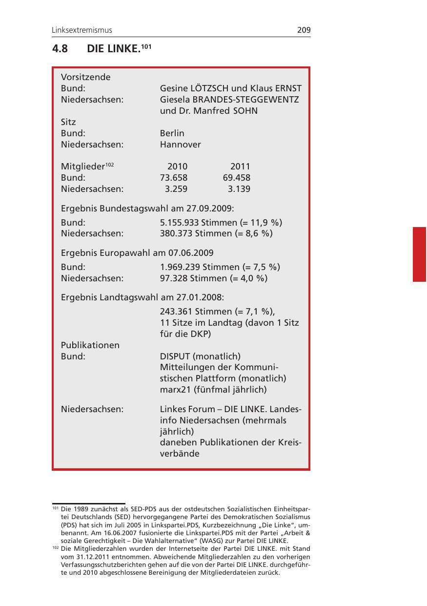 Seite 209 des Verfassungsschutzbericht 2011 Niedersachsen