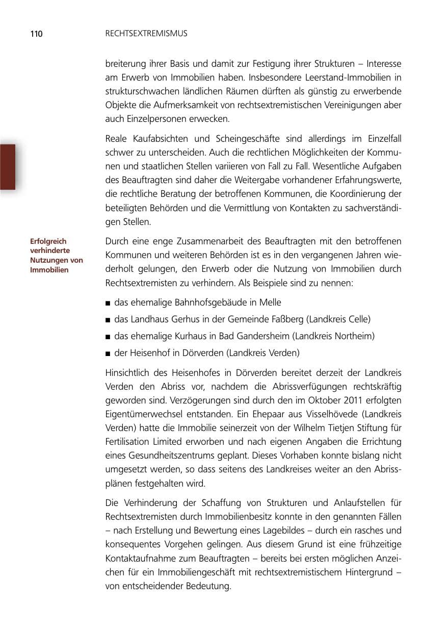 Seite 110 des Verfassungsschutzbericht 2012 Niedersachsen