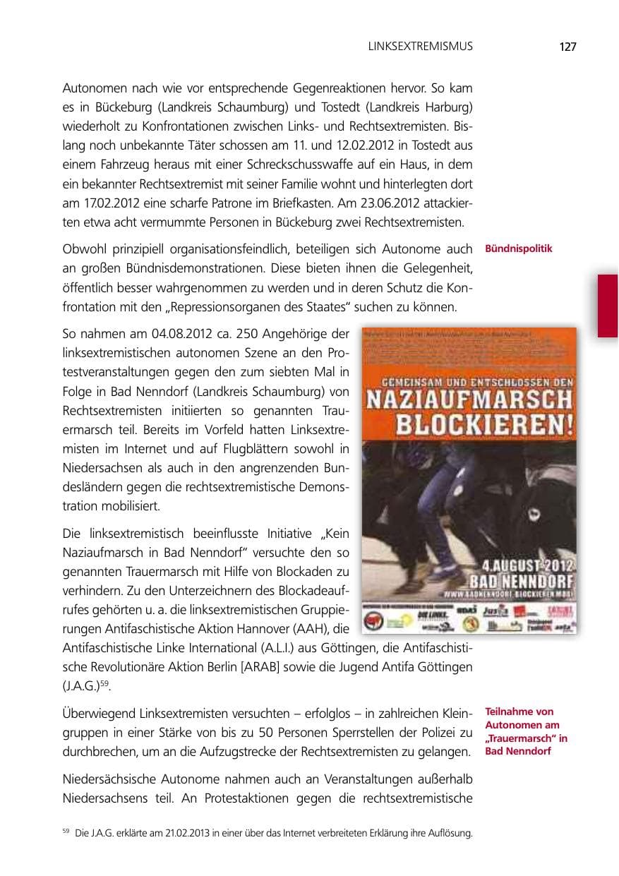 Seite 127 des Verfassungsschutzbericht 2012 Niedersachsen