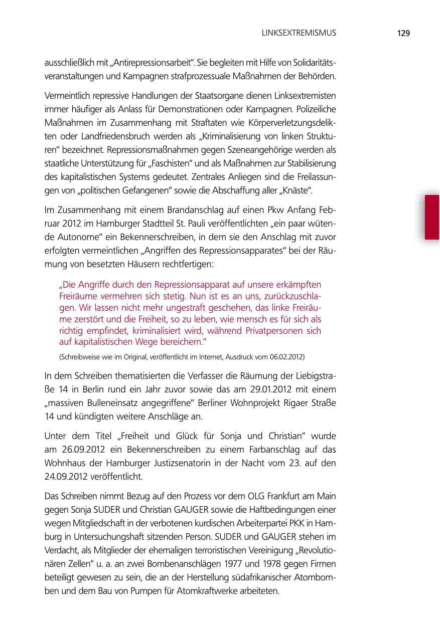Seite 129 des Verfassungsschutzbericht 2012 Niedersachsen