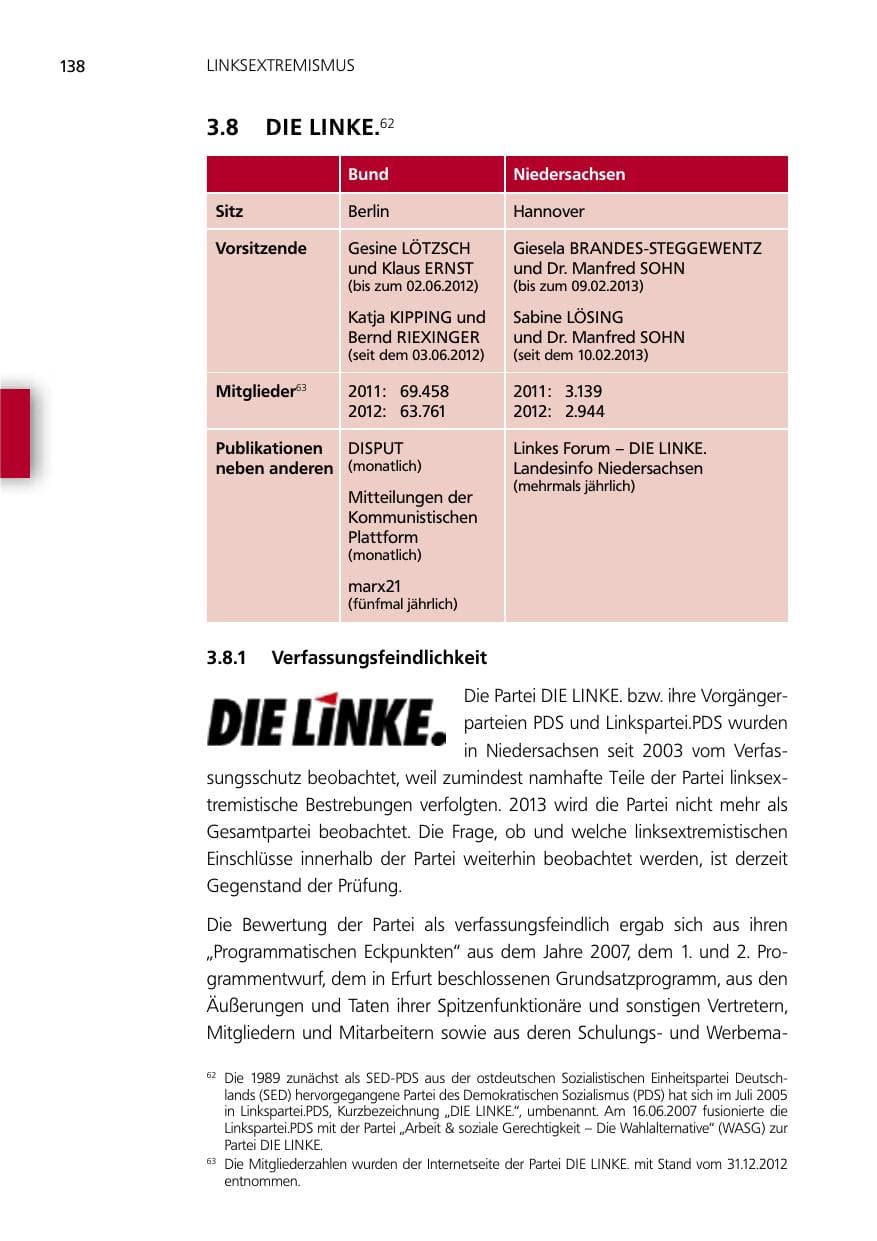 Seite 138 des Verfassungsschutzbericht 2012 Niedersachsen