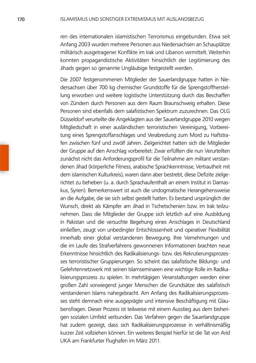 Seite 170 des Verfassungsschutzbericht 2012 Niedersachsen