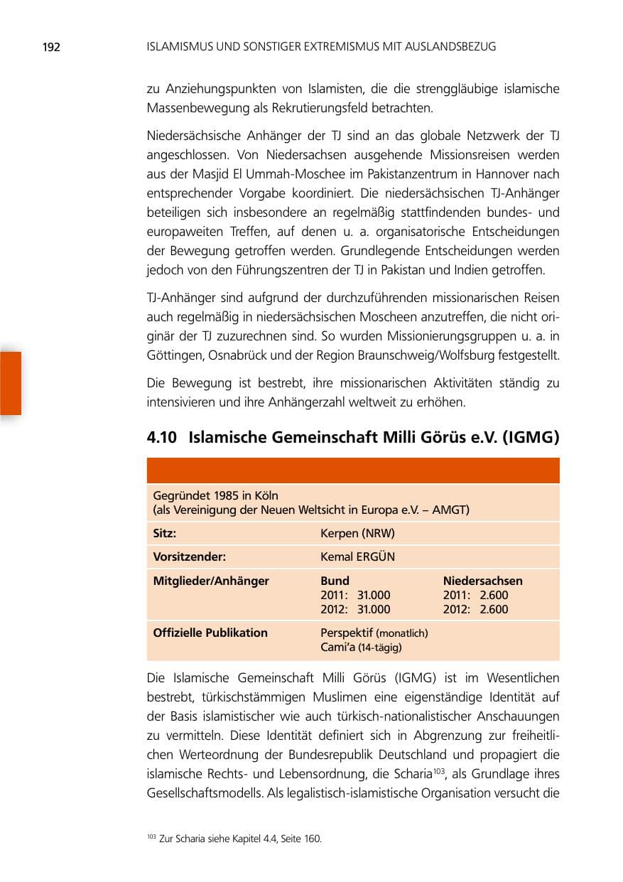 Seite 192 des Verfassungsschutzbericht 2012 Niedersachsen